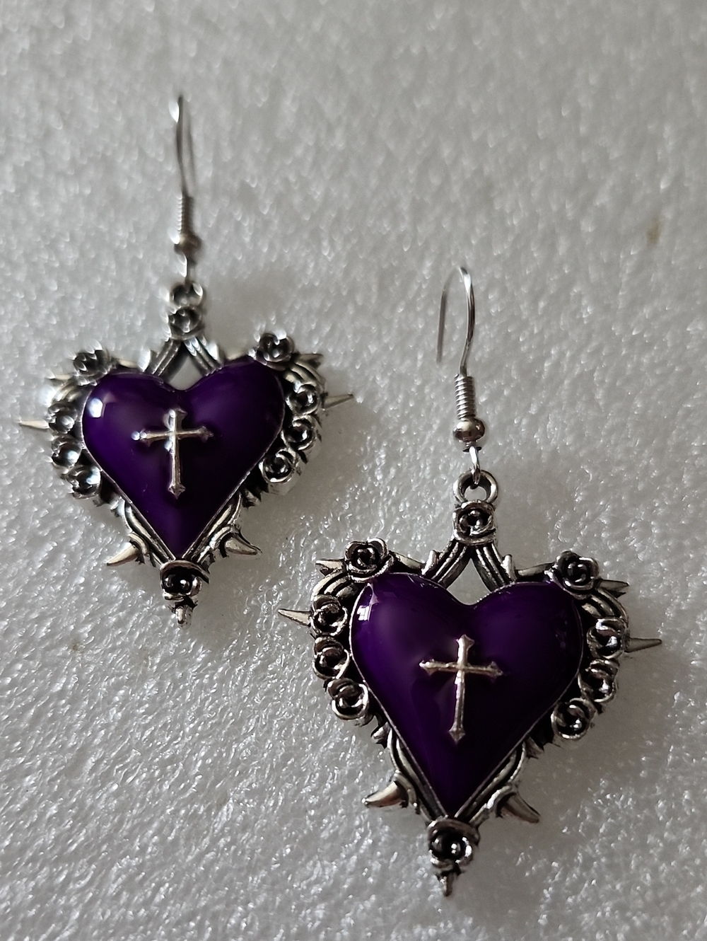 Hand Crafted Purple Heart Cross Earrings